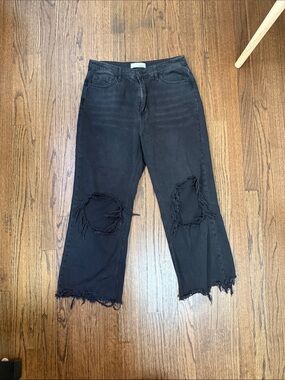 Black Distressed Wide Leg Jeans - Women